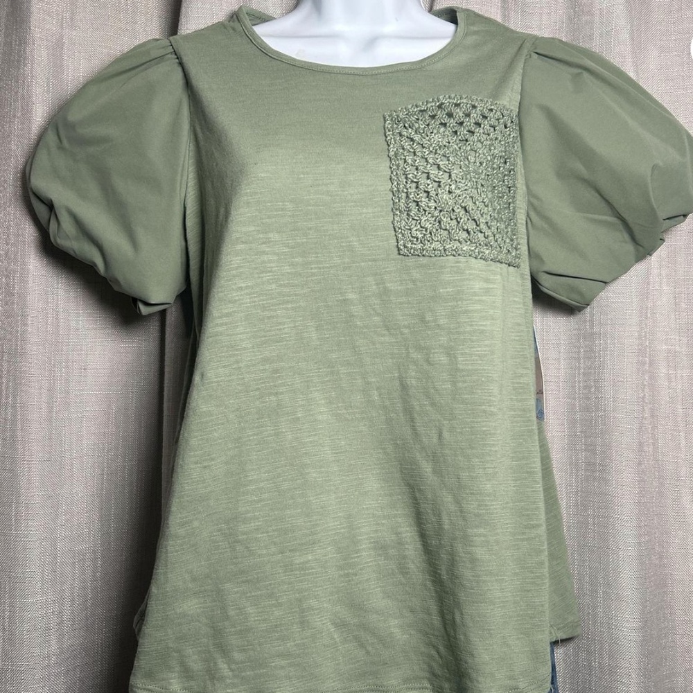 Sirens and Seashells sage green crochet pocket shirt with puffed short sleeves